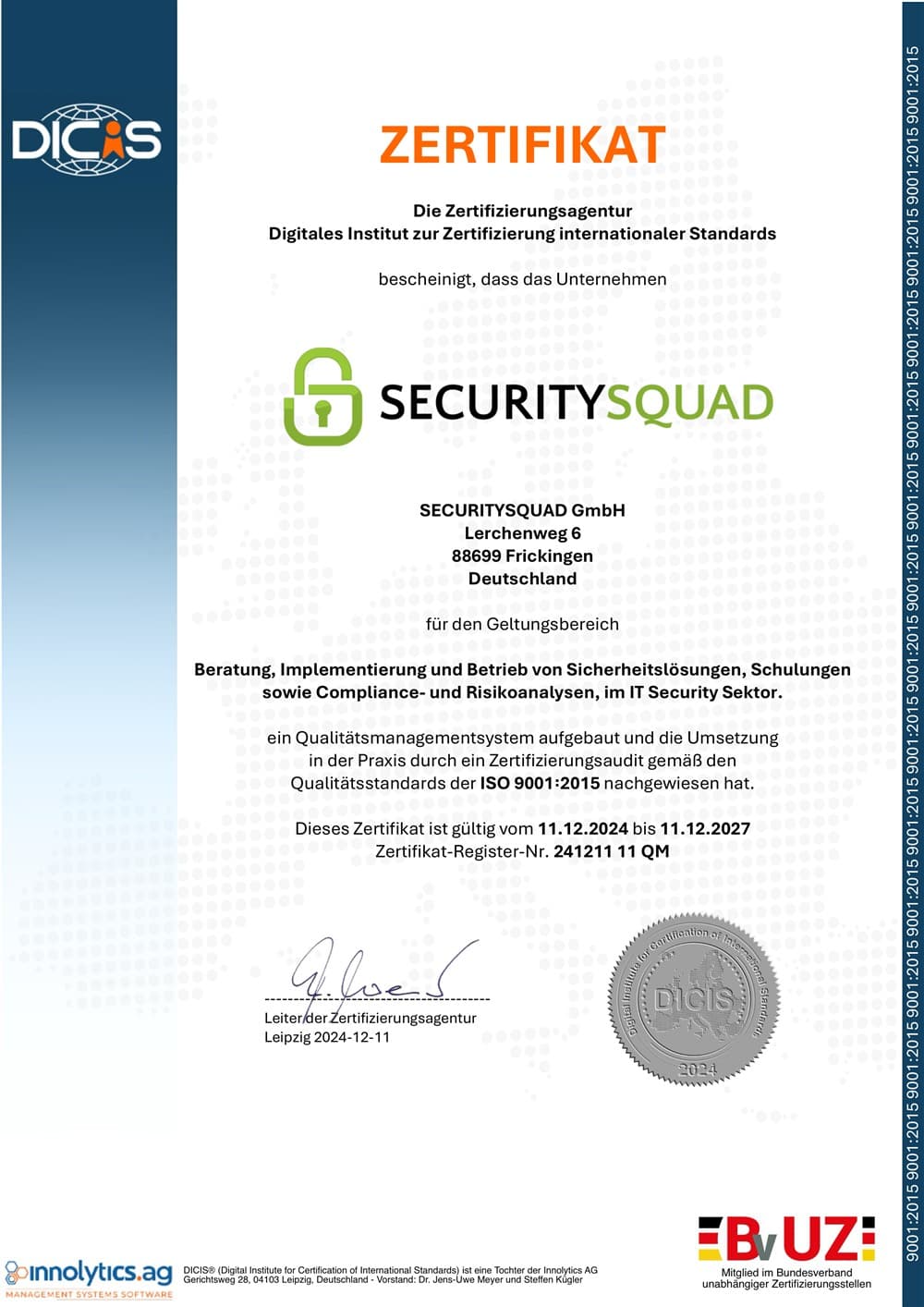 ISO 9001:2015 Zertifikat der SECURITYSQUAD GmbH